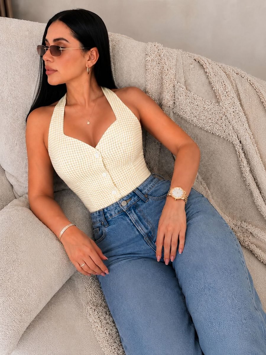 Blusa mariza cuadros (mantequilla) - EMA COLOMBIA